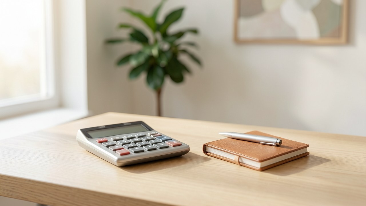 A modern calculator and a notebook with a pen on a clean desk, with a soft-focus window and warm light.