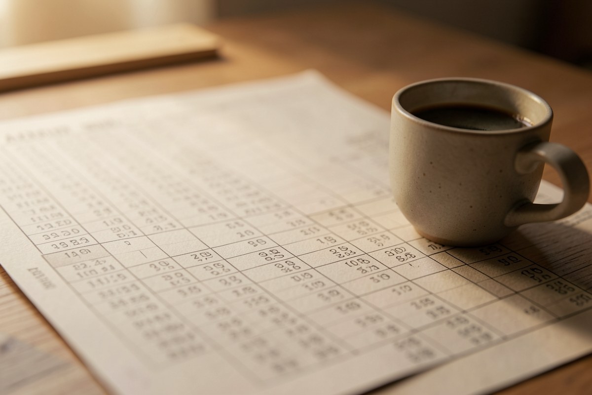 A partially filled amortization schedule printed on paper, next to a coffee cup.