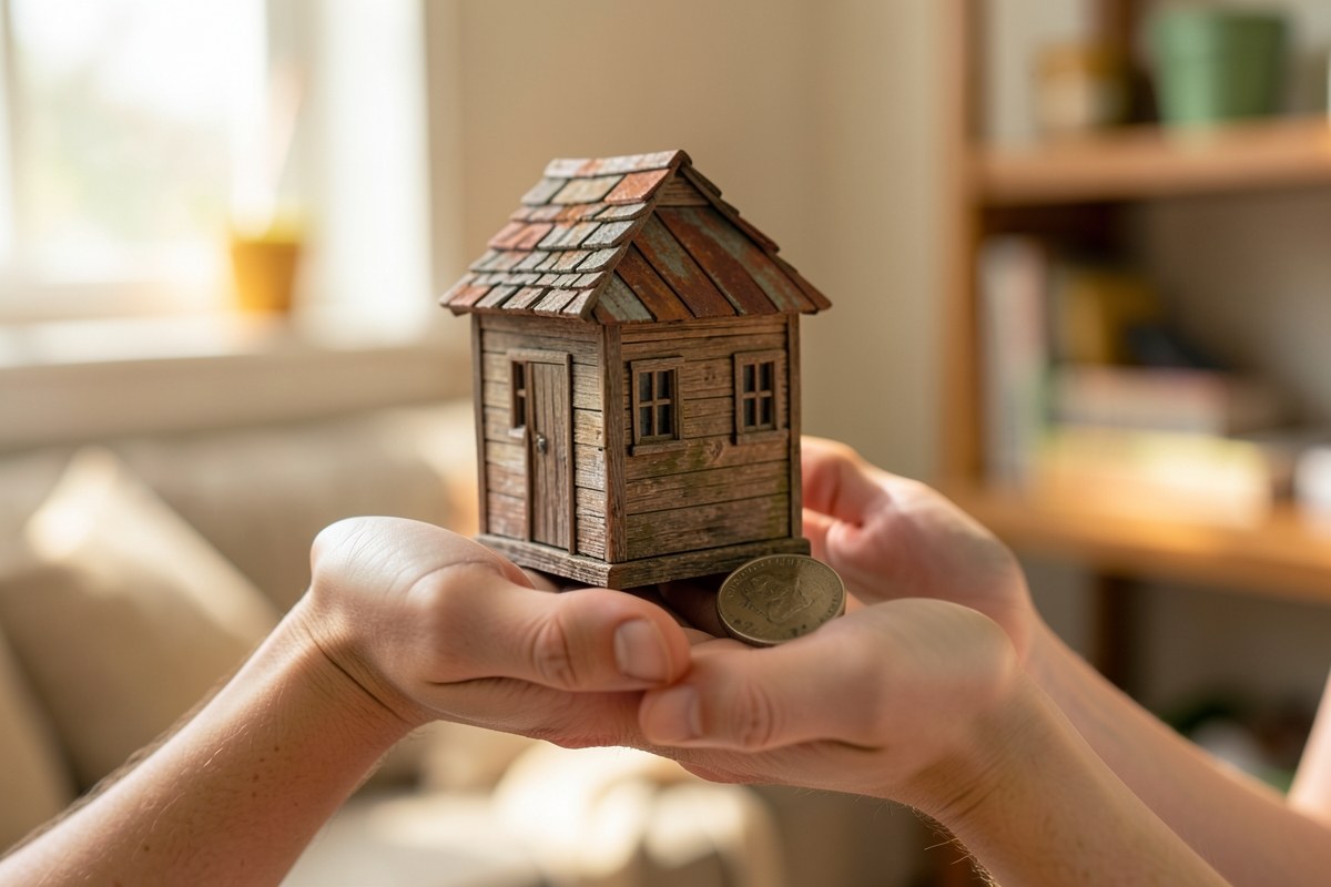A person's hands holding a small model house and a coin, with a blurred background of a bright room.