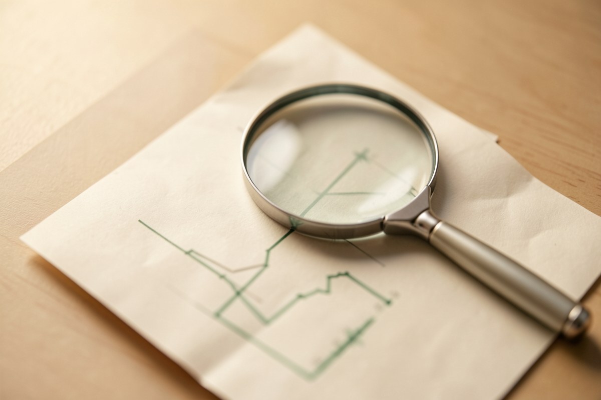 A close-up of a stock market chart printed on paper, blurred, with a magnifying glass on top.