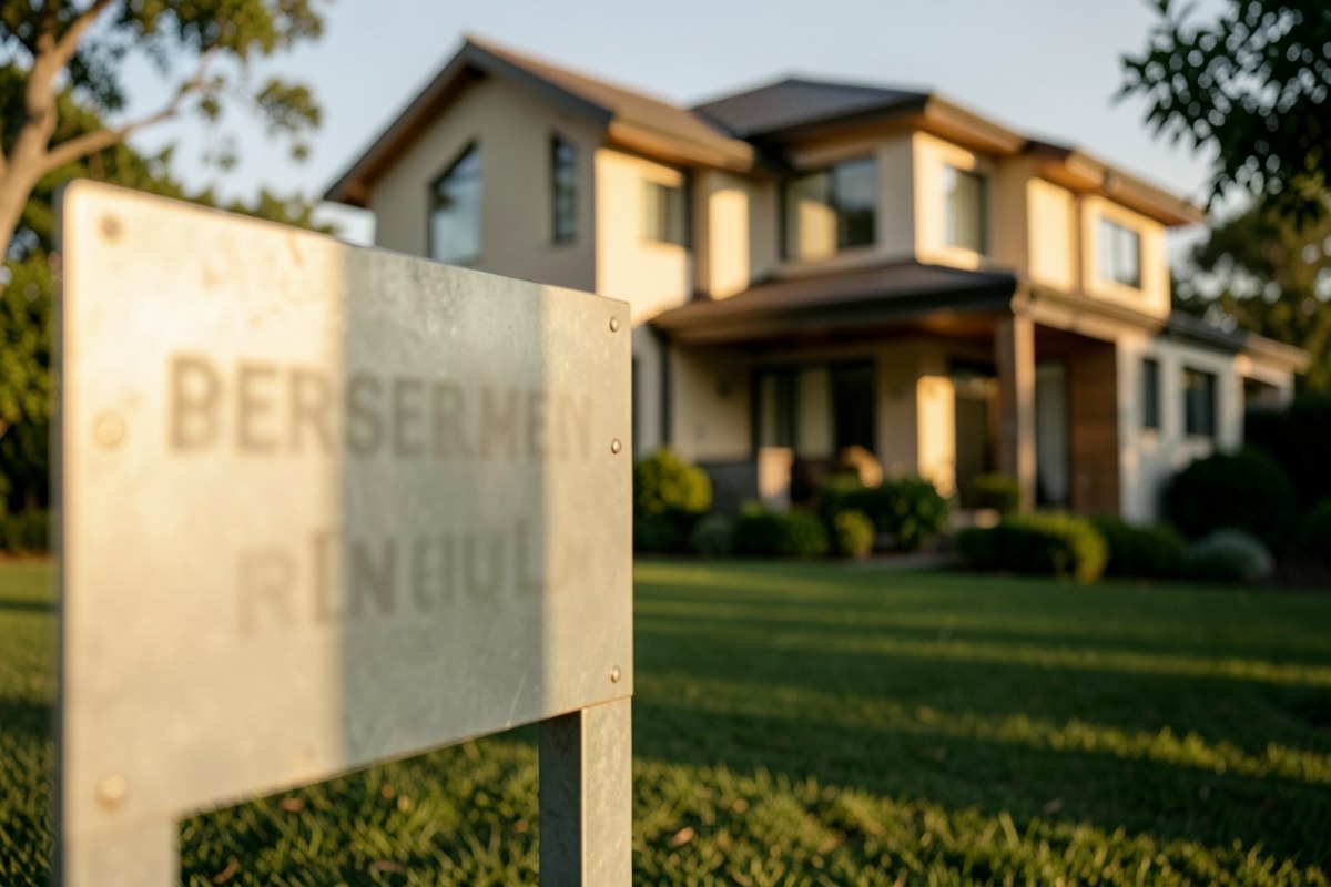 A sign in front of a modern house that reads 'NEW HOME' in neutral tones, but text is blurred.