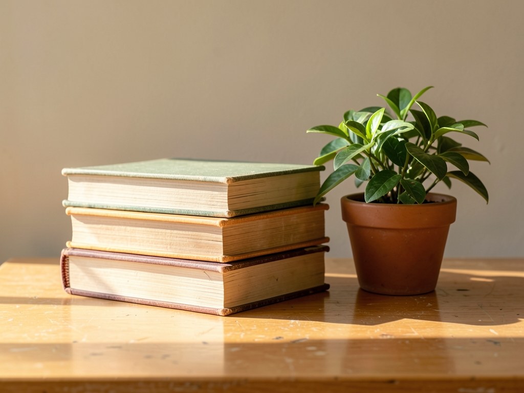 A neat stack of books and a small plant on a table against a neutral wall.