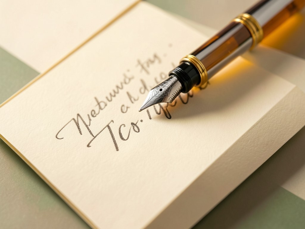 A close-up of an elegant fountain pen writing on a piece of paper, but the writing is out of focus.