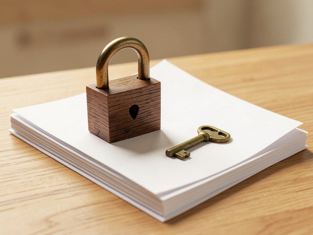 A wooden lock and a key on a stack of documents, with a blurred background.