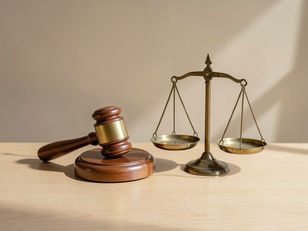 A gavel and a small brass scale on a table, with a blurred neutral background.