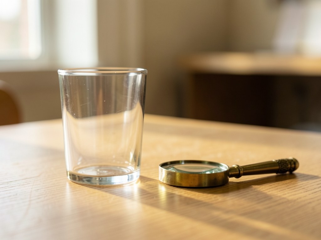 A clear glass and a small magnifying glass on a desk, symbolizing careful review.