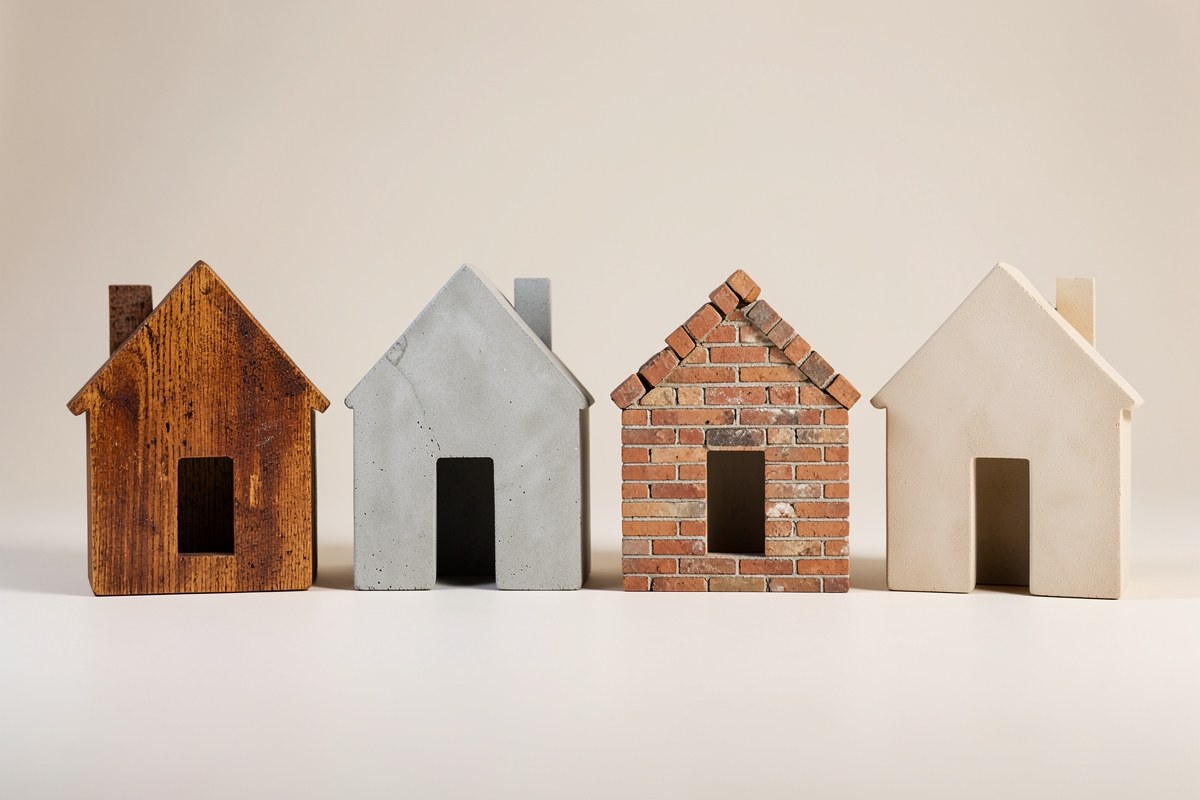 Four different model houses representing loan types, arranged on a light surface.