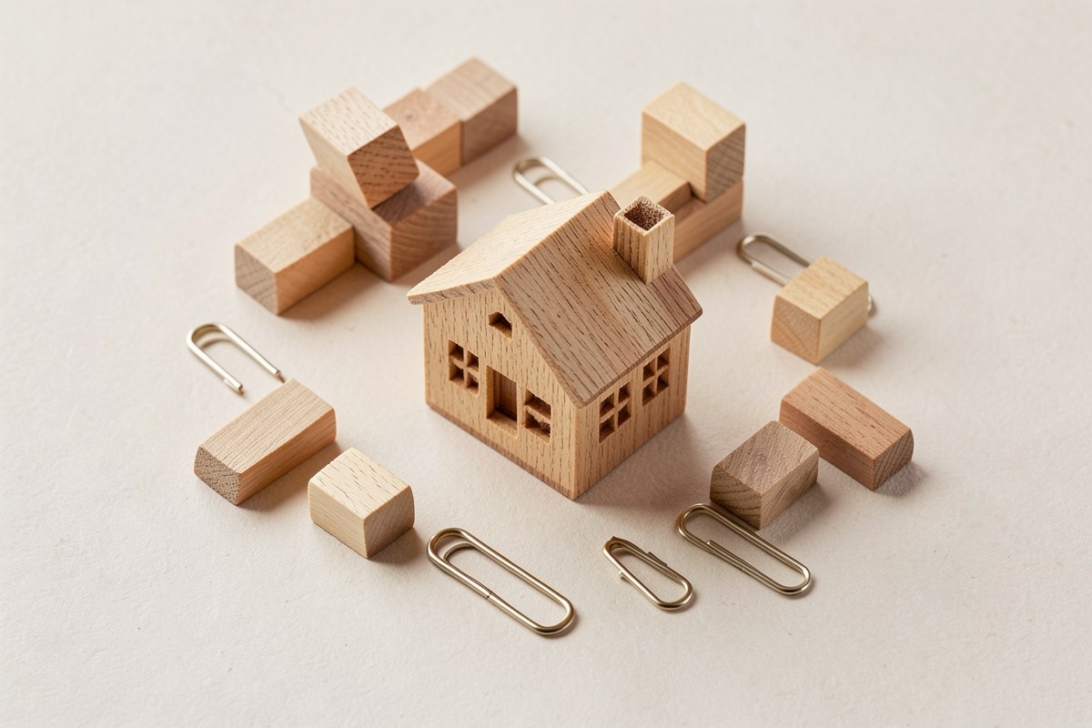 A flowchart of a house model with various icons representing costs, but mostly abstractly.