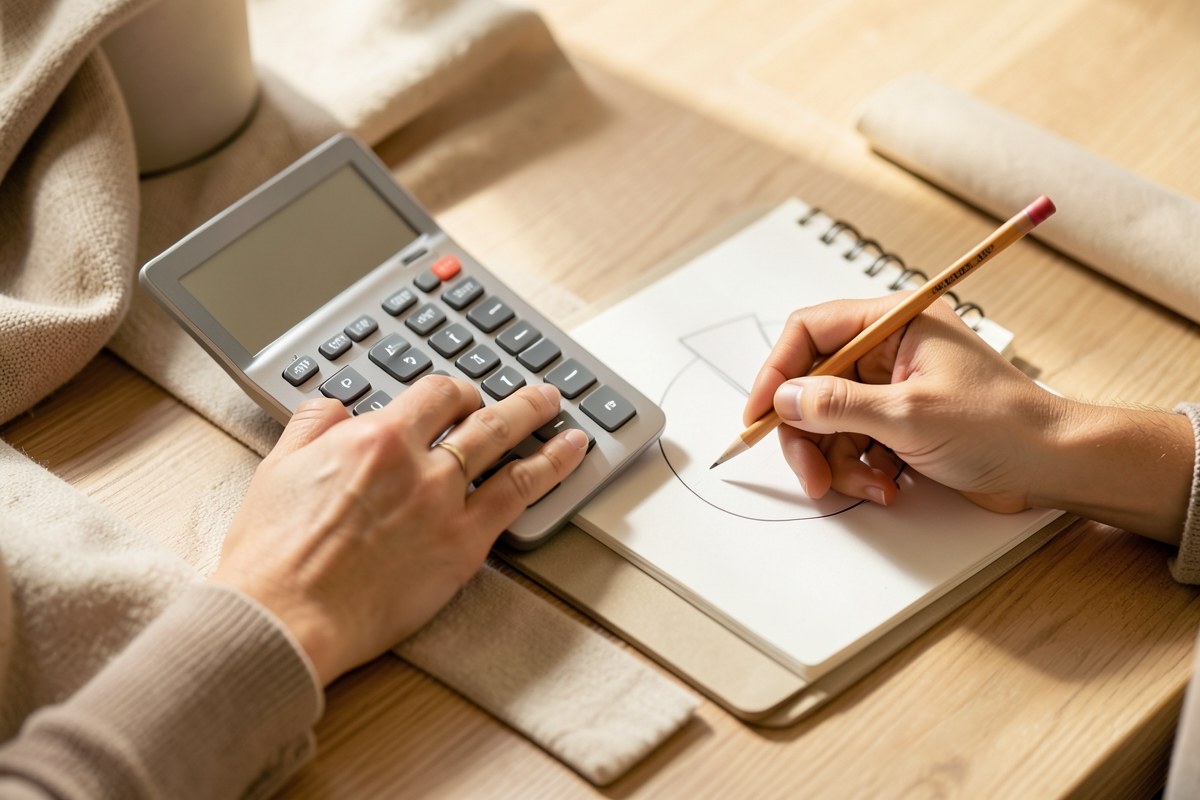 A person using a calculator and a notepad, with a pie chart drawn in pencil on the paper.
